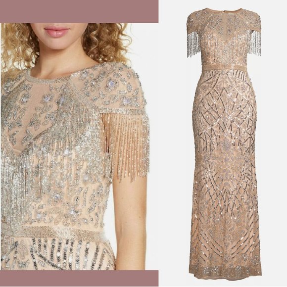 NEW $598‎ MAC DUGGAL [ 14 ] Embellished Fringe Cap Sleeve Gown Platinum Pink - Picture 1 of 16